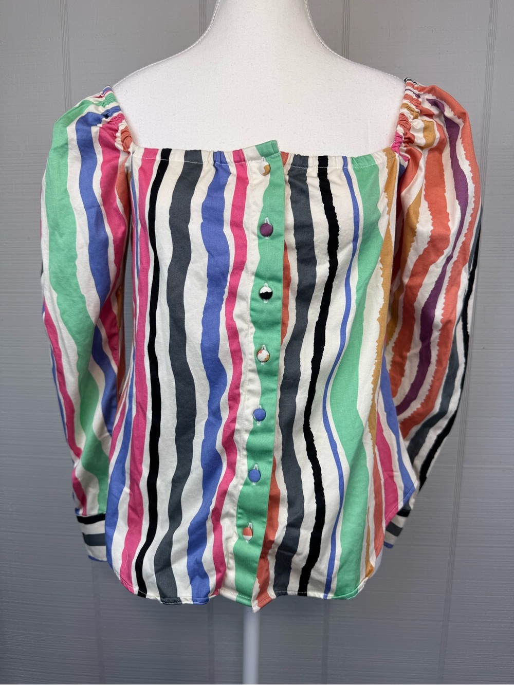 The Shirt Rochelle Behrens Funky Wavy Striped Square Neck Button Top Art Teacher
